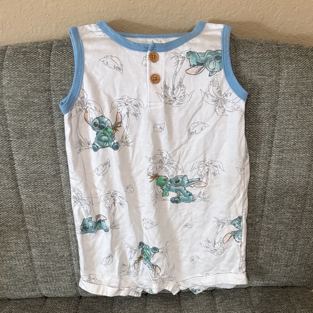 Disney White and Blue Stitch Bodysuit with Green Accents